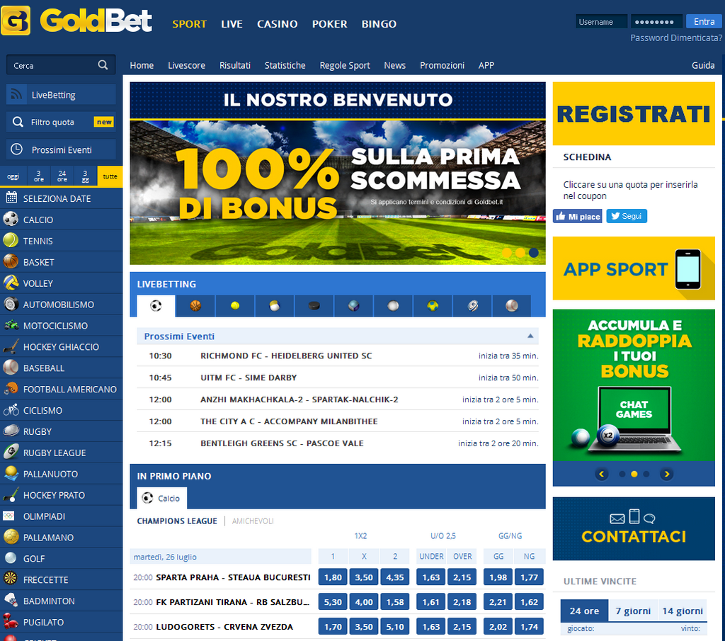 Goldbet: Accesso a: Sistema di scommesse e casinò online
